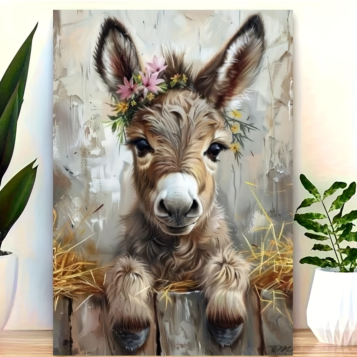 TEMU Diy 5d Diamond Painting Kit - Cute Donkey With Floral Crown, Round Canvas Art For Beginners, Frameless Wall Decor For Living Room-office, Ideal
