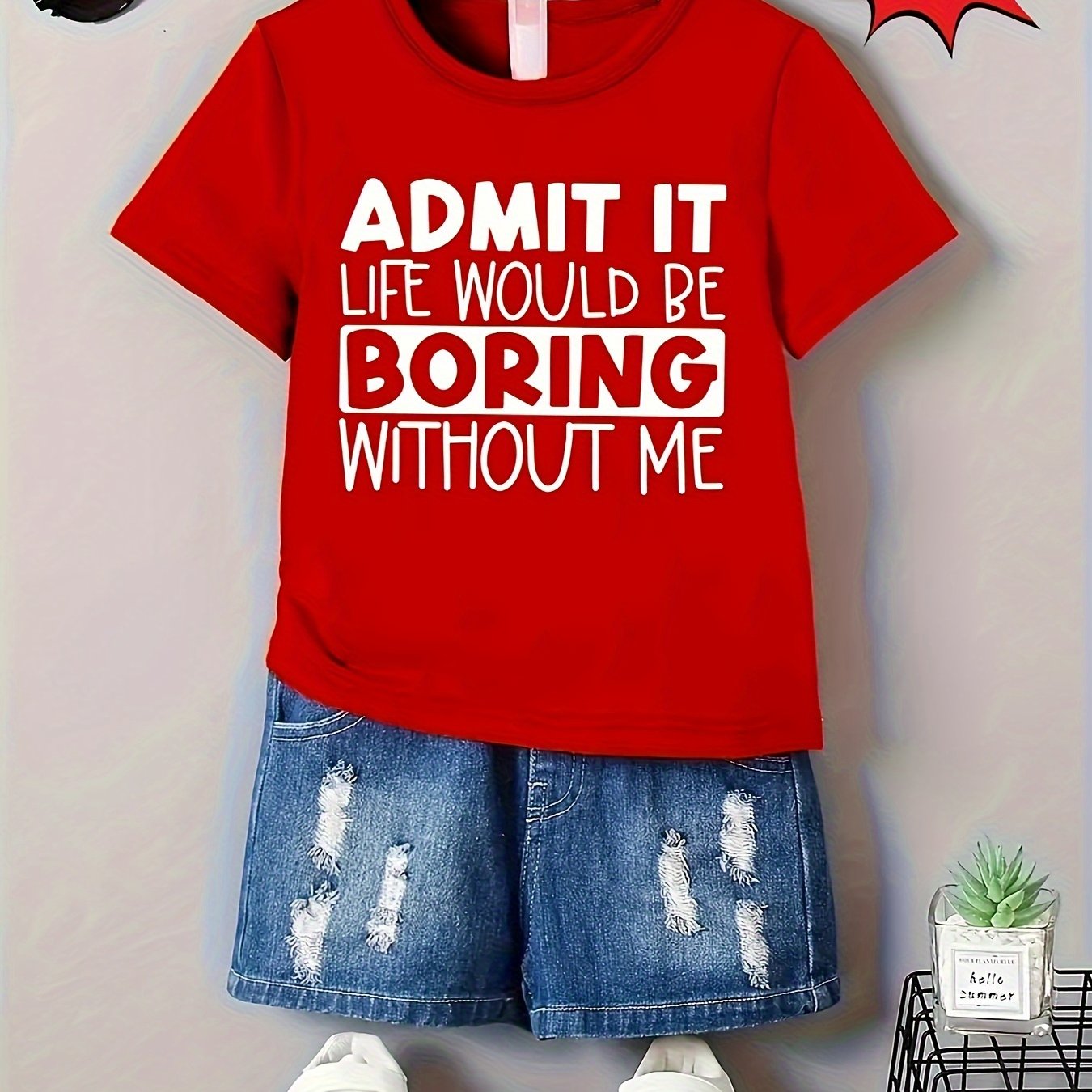 TEMU " Boring Without Me" Boys' 100% Cotton T-shirt - Vibrant Red Casual Summer Tee With White Text Print, Regular Fit Round Neck, Machine Washable,