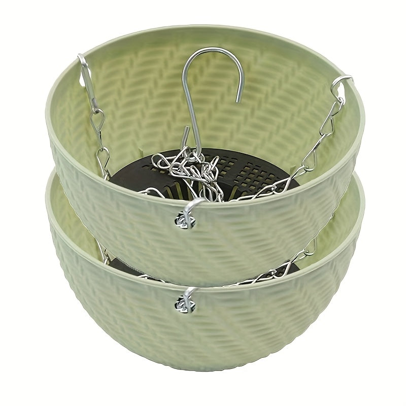 TEMU 2pcs Hanging Flower Pots - Lightweight Durable Plastic Indoor-outdoor Garden Planters With Woven Pattern, Space-saving Round Design For Balcony,