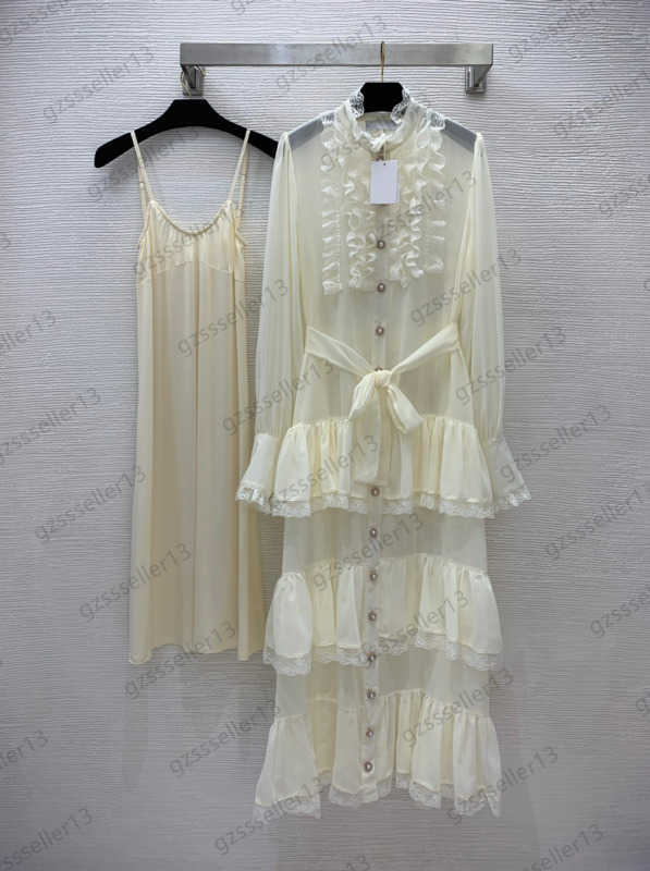 Brand Womens Two Pieces Dress Ruffle Decoration Cake Skirt Flared Sleeves Pearl Button Belt Stand Collar Dresses High Stretch Solid Color Halter Bot