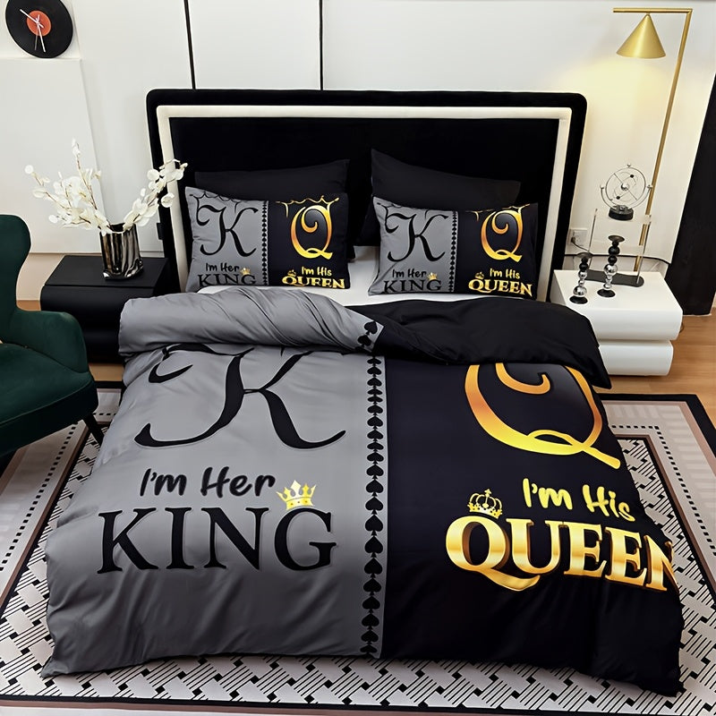 TEMU 3pcs Super Soft Breathable Black Grey Color Blocking Crown Letter Duvet Cover Set (1 Duvet 2 Pillowcases Without Pillow Core), At Home Dormitory