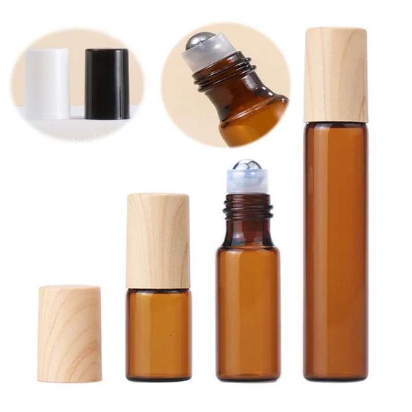 100Pcs 1Ml 2Ml 3Ml 5Ml 10Ml Mini Roller Ball Bottles For Essential Perfumes Oil Roll On Glass Bottle Wood Look Plastic Cap