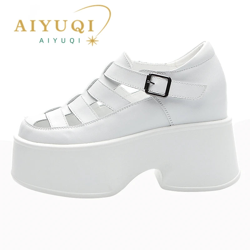 AIYUQI Sandals Women Platform Summer Genuine Leather High Heels Openwork Fashion Sandals Women