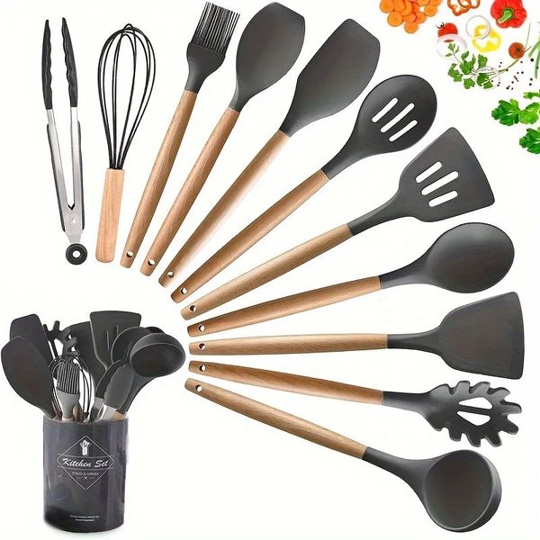 Kitchen Silicone Cooking Utensils 12 Pc Utensil Set Wooden Gadgets and Spatula 241127