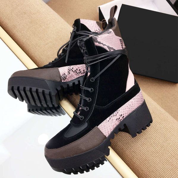 New Women Platform Boots Designer Martin Boots Leather Ankle Boots Vintage Print Jacquard Textile Lace-Up High Heels Boot With Box 013