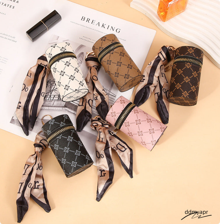 Key Rings Mini Bag Pendant Leather Coin Purses Keychains Lipstick Pouch With Silk Scarf Holder Car Keyrings Portable For Women Girls