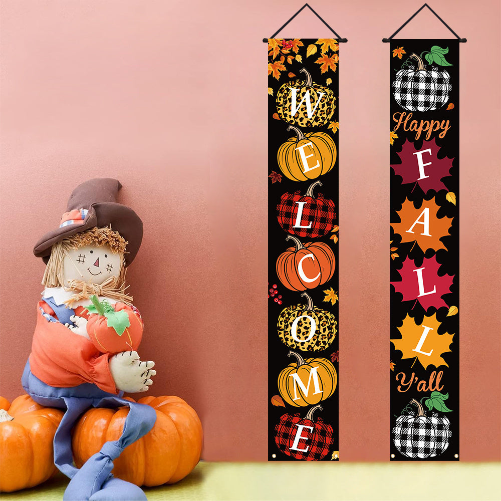 TEMU Christmas 1 Pair Polyester Porch Sign Door Curtains - Pumpkin Maple Leaf Thanksgiving Decoration, Outdoor-indoor Hanging Banner For Front Door &