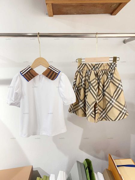 Fashion girls dress sets Summer T-shirt set baby overskirt kids designer clothes Short-sleeved POLO shirt and Multicolor stripe design skirt