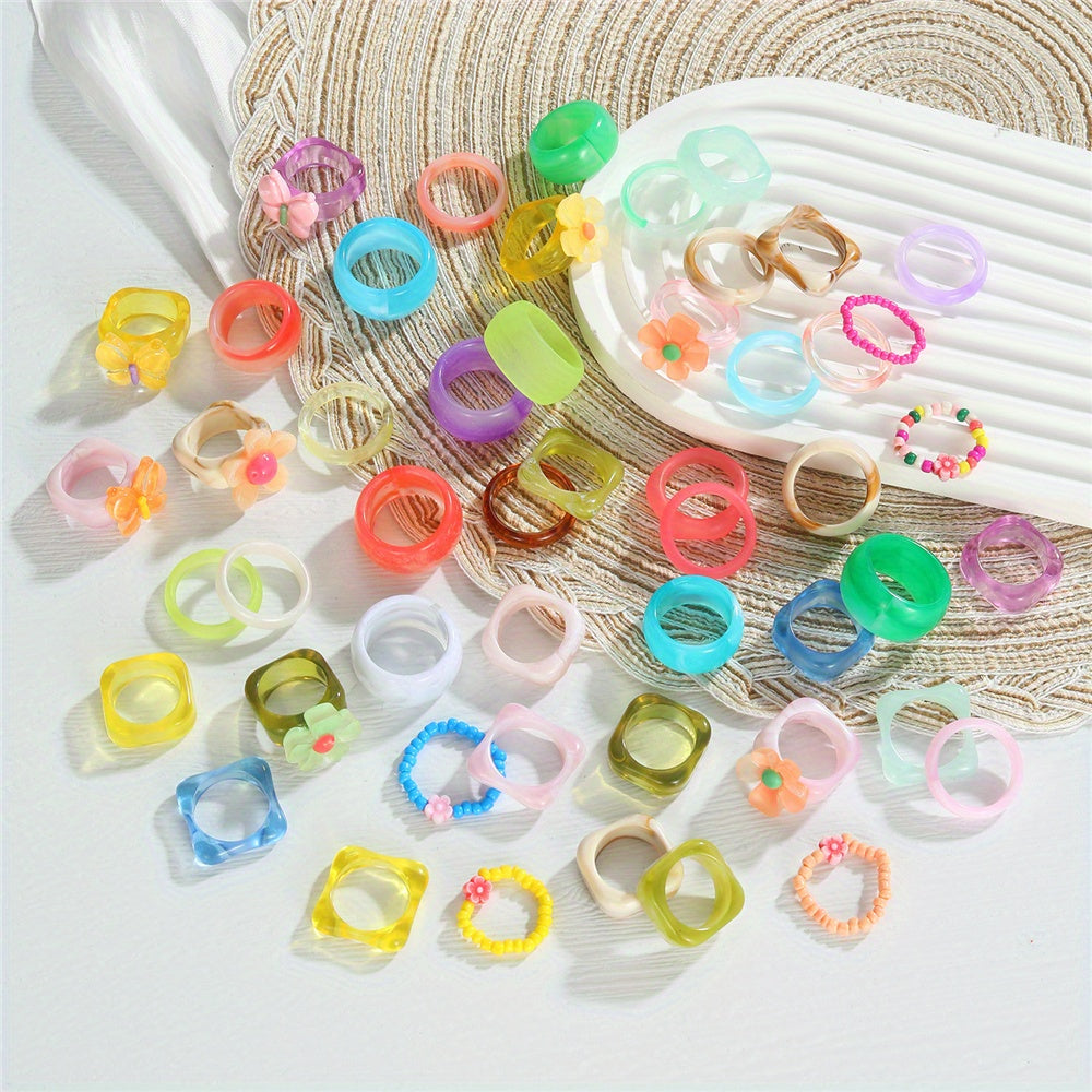 TEMU 50pcs Colorful Resin Flower & Bead Rings For Women And Men – Vibrant Assorted Styles, Casual Attire Or Festive Occasions, Jewelry Rings