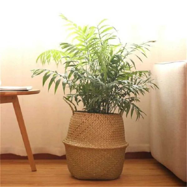 1Pc Household Storage Box Foldable Natural Seaweed Woven Storage Basket Flower Pot Garden Vase Hanging in Storage Basket W250120