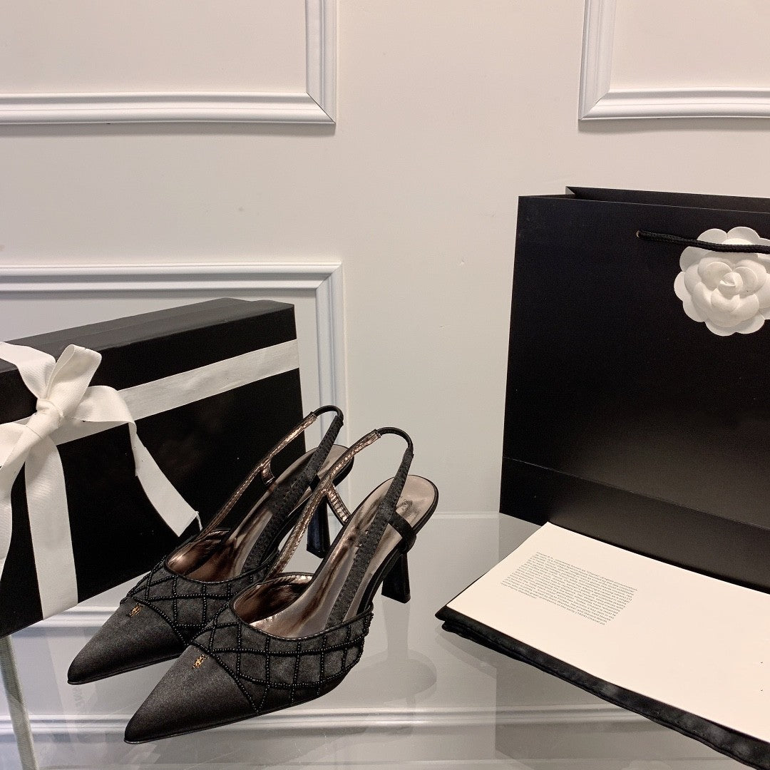 2024 top 7cm Designer Women Party Wedding Dress Shoes Chan C Kitten Heels Bowknot Slingback Sandals Summer Womens Designer Shoes Pointed Toes Pumps