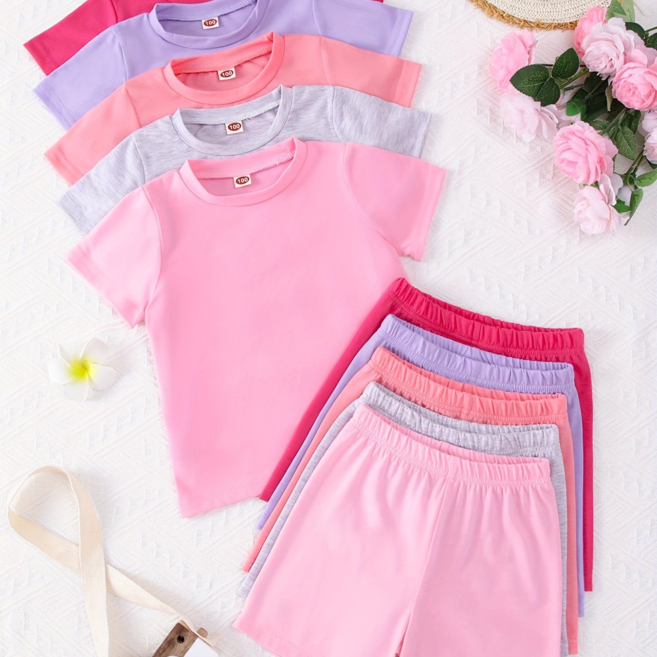 TEMU Girls 5 Sets Solid Color Short Sleeve T-shirts + Shorts Set Summer Outdoor Clothes, For Outdoor