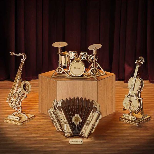 3D Wooden Puzzle Mini Saxophone Drum Accordion Cello DIY Building Block Assembly Model Montessori Childrens Educational ToysXJ241218
