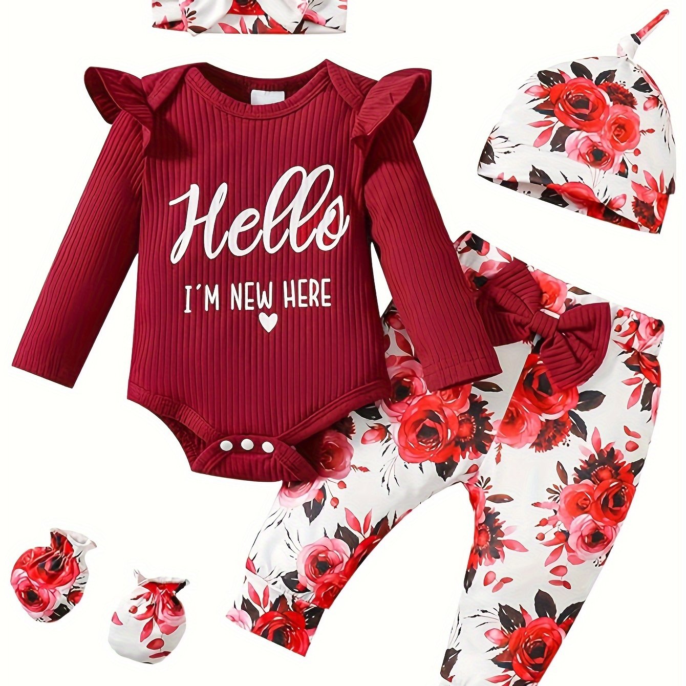 TEMU Newborn Baby Girl Clothes Hello I' Here Letter Romper+floral Pants+hat+headband+gloves Outfits