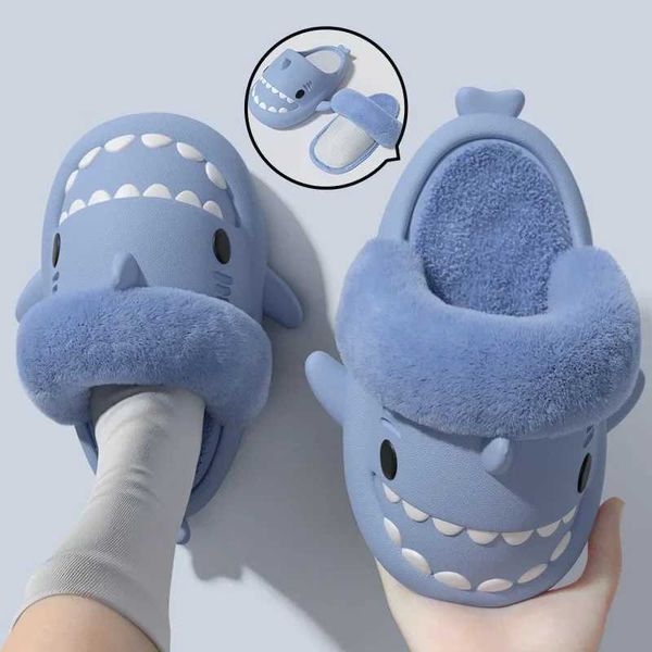 Womens shark slider detachable EVA waterproof warm cotton plush home slider winter indoor fluffy slider anti slip shoes CL240830