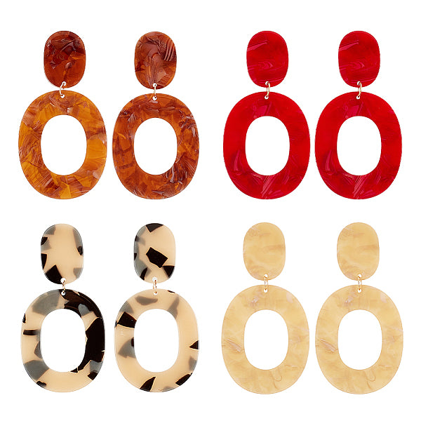 4 paire de boucles d'oreilles pendantes ovales creuses en acrylique de 4 couleurs pour femmes