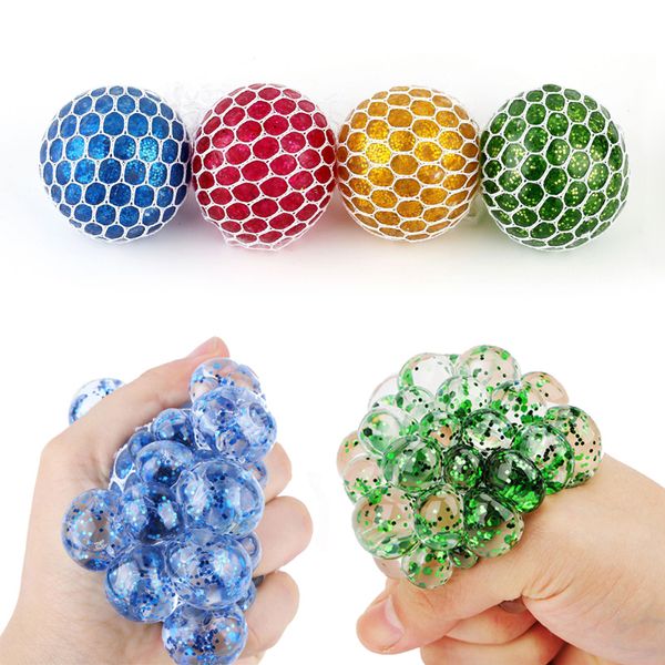 6.0CM Size Squishy Ball Fidget Toy Glitter Powder Water Beads Mesh Squish Grape Ball Anti Stress Squeeze Balls Stress Relief Decompression T