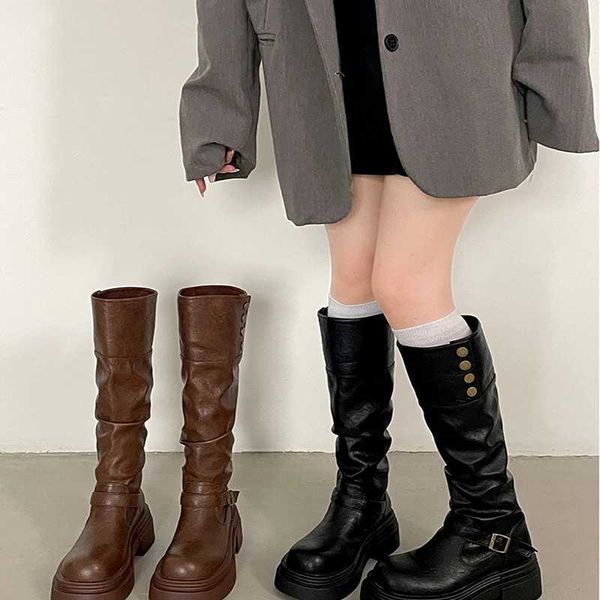 Vintage Brown Women Western Cowgirl Boots Fashion Slip On Knight Long Booties Ladies Platform Thick Heels Botas MujerC241103