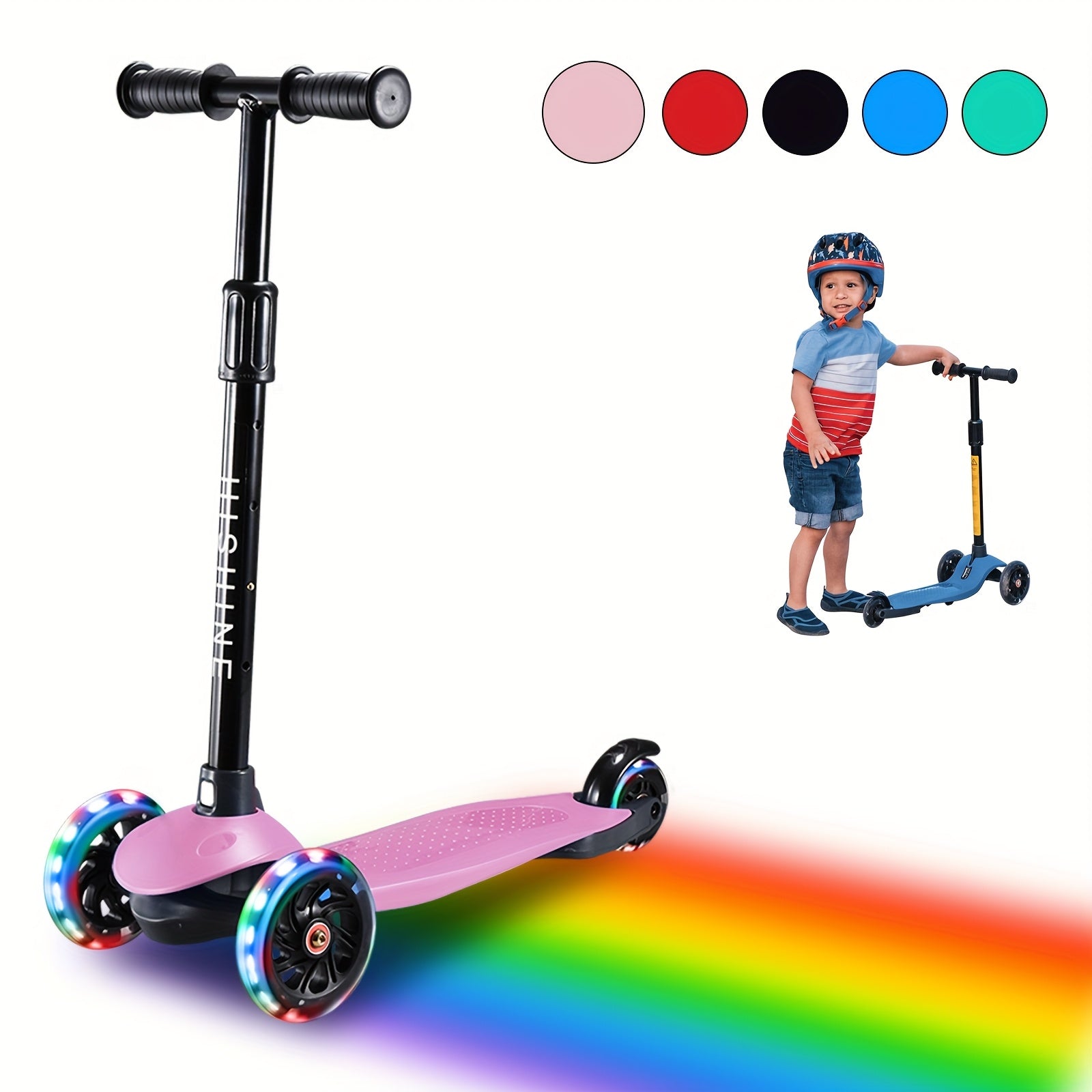 TEMU 1pc -wheel Scooter With Magnetic -the-dark Wheels, Adjustable Height & Wide Deck - 3-wheel Stability Scooter With Front Suspension & Rear Brake,