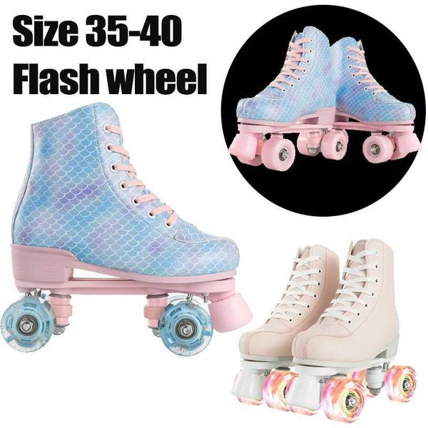 Inline Roller Skates PU Leather Roller Skates Skating Shoes Patins Sliding Inline Quad Roller Sneakers Training 4 Flash Wheels Beginner Whee