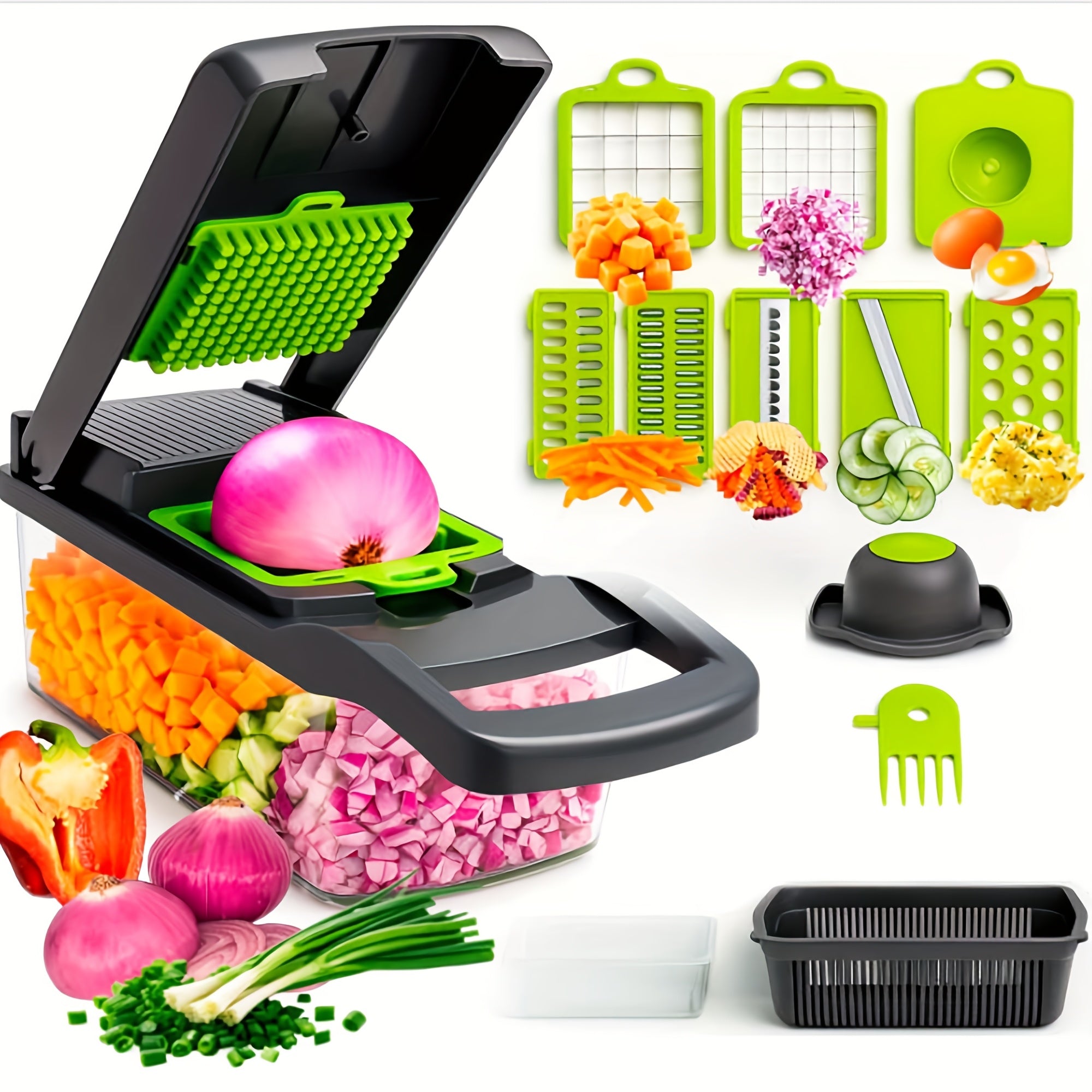 TEMU 16-in-1 Heavy-duty Vegetable Chopper Mandoline Slicer - Manual Kitchen Gadget With Safety Lock, Onion Mincer, Colander Basket - Fast & Veggie