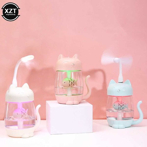 Humidifiers New Cute Pet Cat Eating Fish 3-in-1 Ultrasonic Humidifier Office Home Car Mini Air Purifier Nebulizer M240829 CL250104
