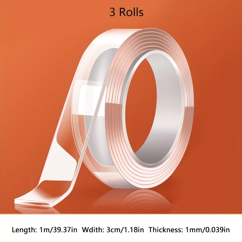TEMU 3 Rolls Of 1mm Thick, 3cm Wide, 1m--5m Long Clear Double-sided Tape , Durable Plastic Adhesive For Crafts, Home Decor, Scrapbooking, And More,