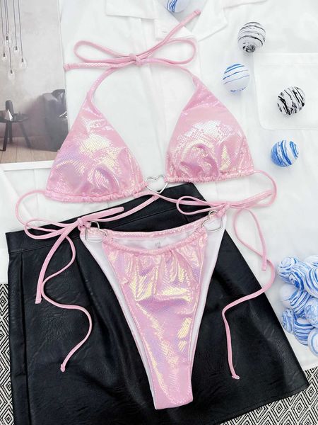 New Shining Love Metal Strap Mini Pink Bikini Swimsuit Womens Swimsuit Heart shaped Ring Decoration Bathroom SwimsuitW241225