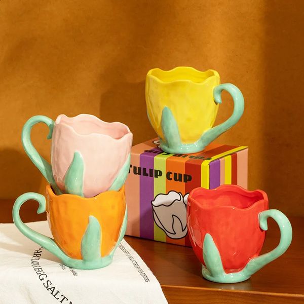 Creative Hand Drawn Three-Dimensional Relief Tulip Ceramic Mug Coffee Cups Breakfast Milk Tea Water Drinkware Gift 300ml 240824