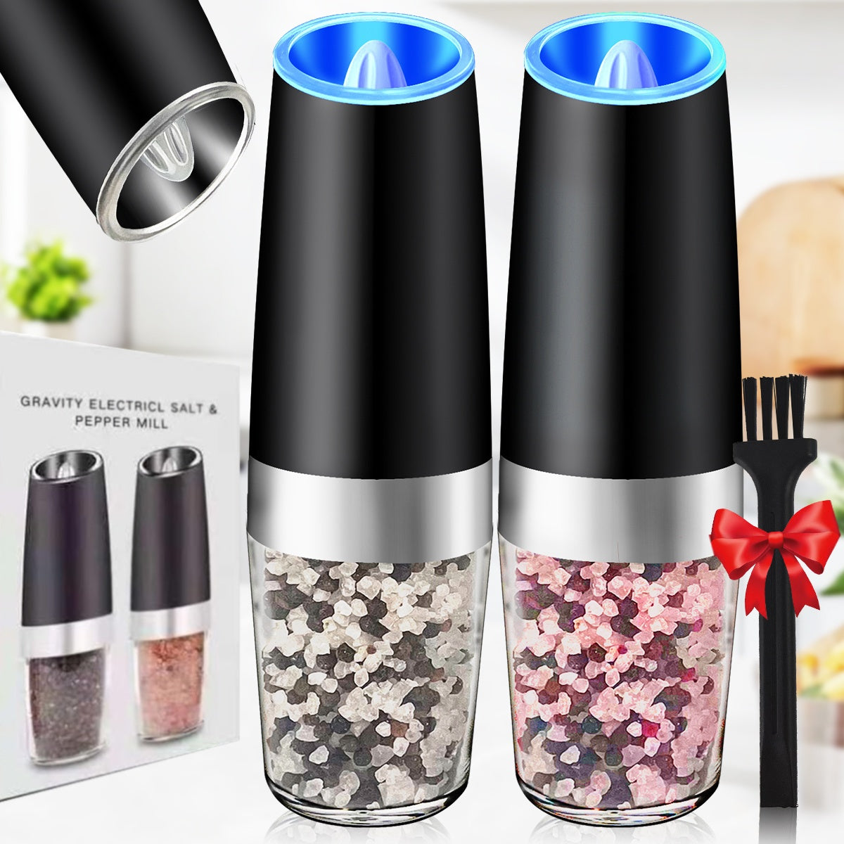 TEMU 1-2- 4pcs Gravity Electric Pepper And Salt Grinder Set With Adjustable Coarseness Battery Operated Led Light Stainless Steel (battery Not