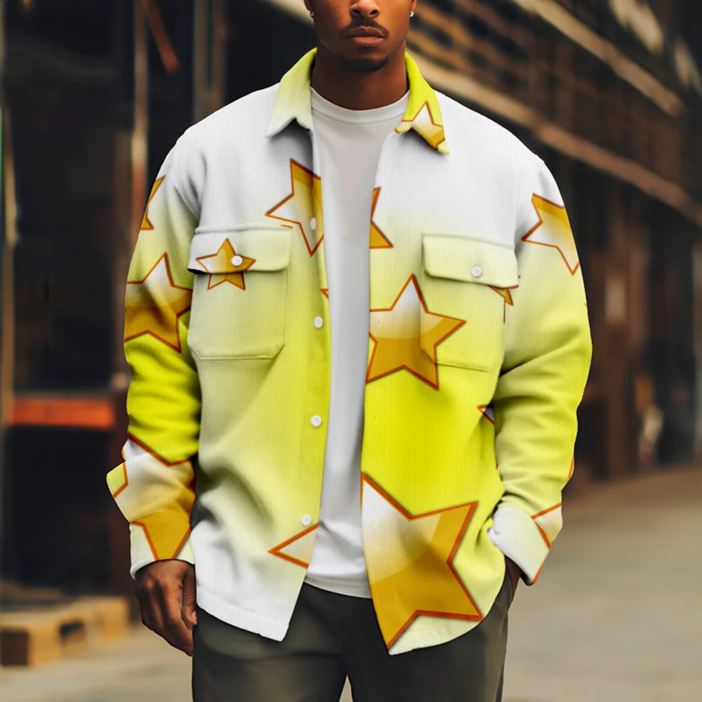Fashion Mens Yellow Jacket Stars Print Long Sleeve Turn-down Collar Button Coat Casual Streetwear 240925