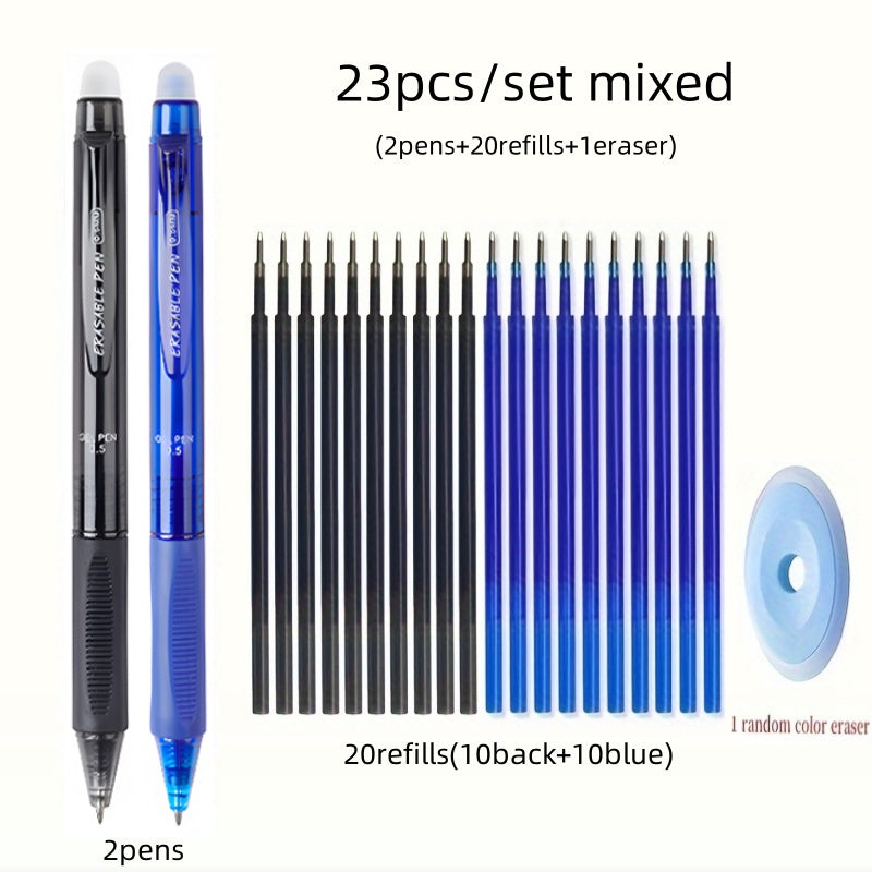 TEMU 23pcs-set Creative Large Capacity Press Erasable Gel Pens Set 0.5mm Black-blue Washable Handle Erasable Refills For Office Painting Writing