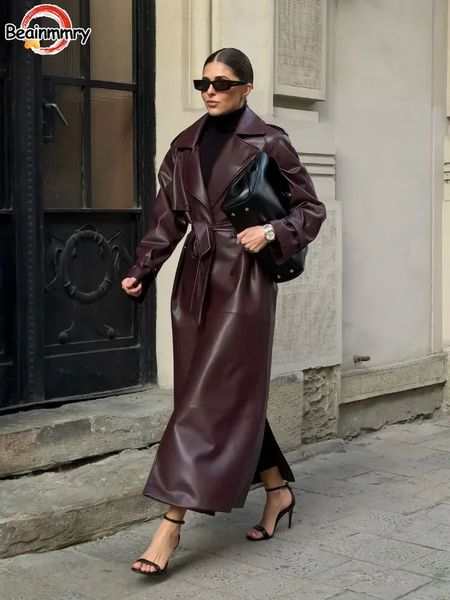 Women Vintage Burgundy Long Pu Leather Coats With Belt Elegant Lapel Double Breasted Jackets Autumn Lady Commuting Outerwear 241118