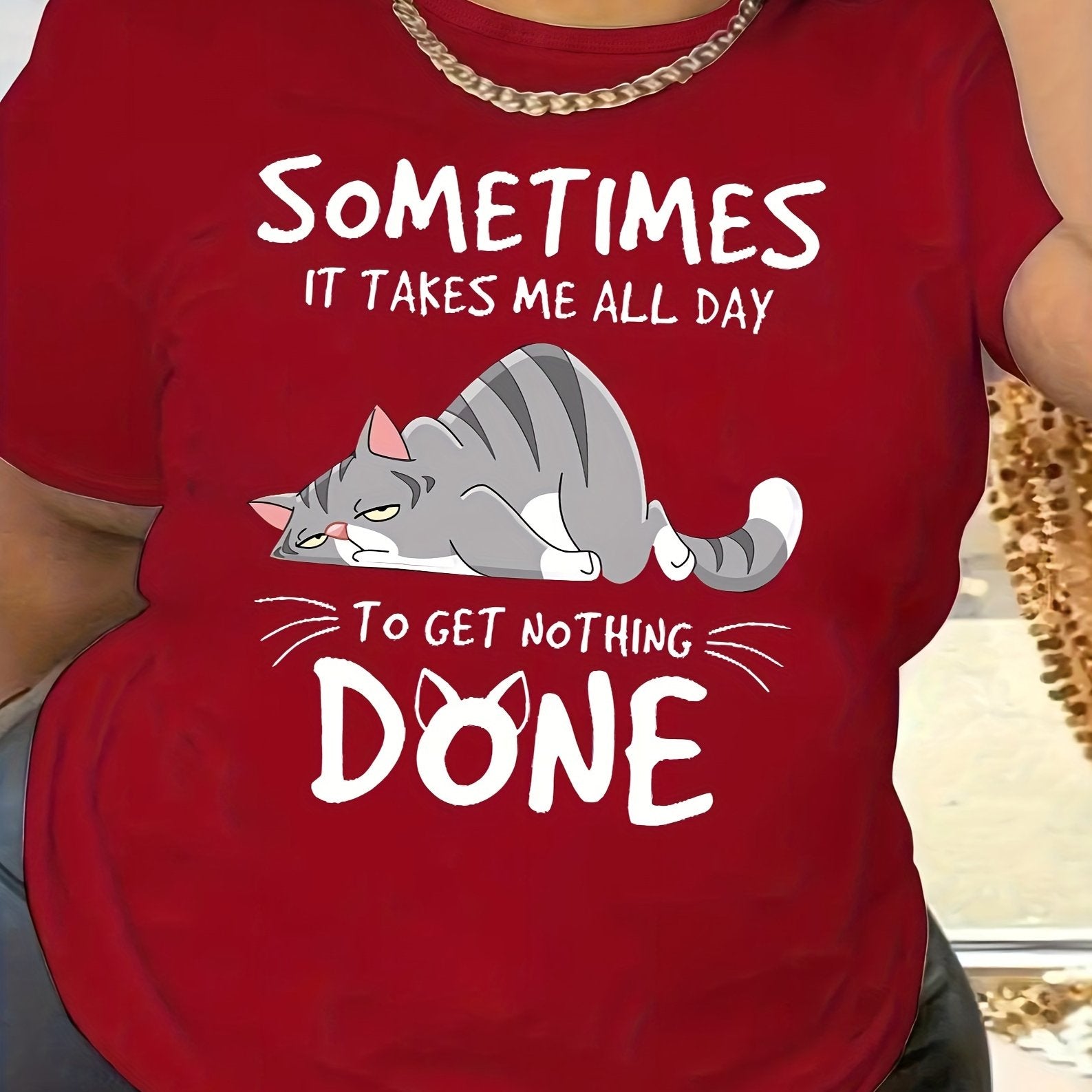 TEMU Plus Size, Women's Plus Size Oversized Cat & " It Me Day To Get " T-shirt - Funny Print Short Sleeve Round Neck Casual Tee, Black & White Slogan