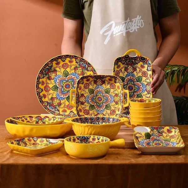 Dishes Plates Ceramic tableware Bohemian border yellow soup plate wholesale retro high-value rice bowl H250110