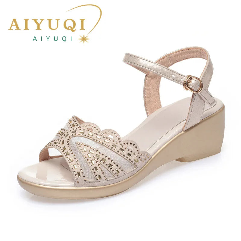 AIYUQI Women&#039;s Sandals Big Size Summer Wedges Women&#039;s Sandals Roman Water Drill Pure Color Casual Mother Sandals Ladies