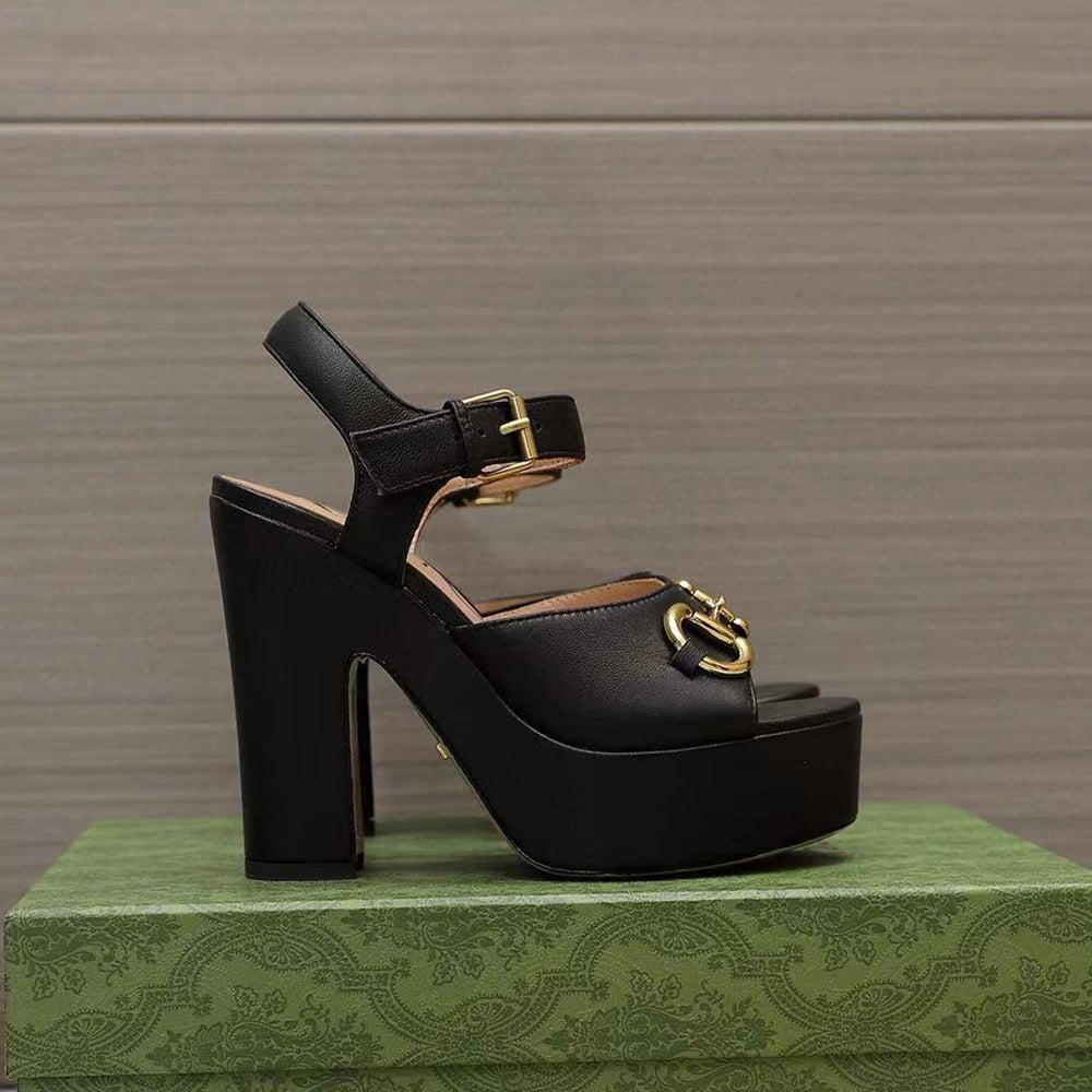 Women&#039;s designer sandals Genuine leather ankle strap Chunky Heel platform exposed toe Pumps heels Party evening shoes waterproof platform shoes