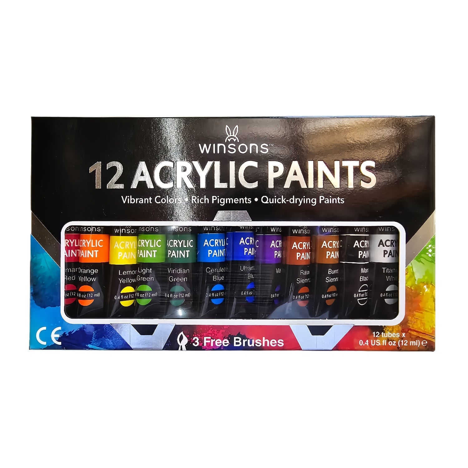 TEMU Winsons 12 Color Acrylic Paint Set With 3 Bonus Brushes, Premium Art Supplies In 12ml-0.4oz Tubes