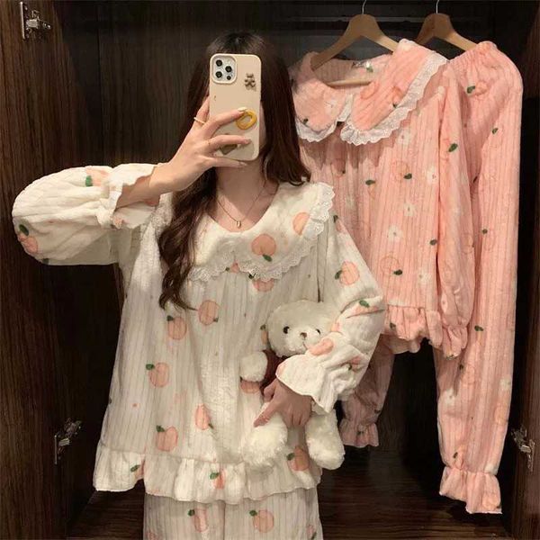 Cartoon Pajama Sets Women Pyjamas Warm Flannel Sleepwear Girl Pijama Set Suit Pant Home Korean Peach Sleep Lace SleepwearC241213