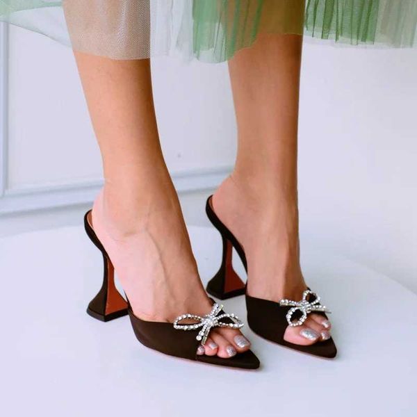 Slippers Bow Rhinestone Fish Mouth Open Toe High Heels Wine Cup Heel Mid Heel Sandal Slippers Women J241230