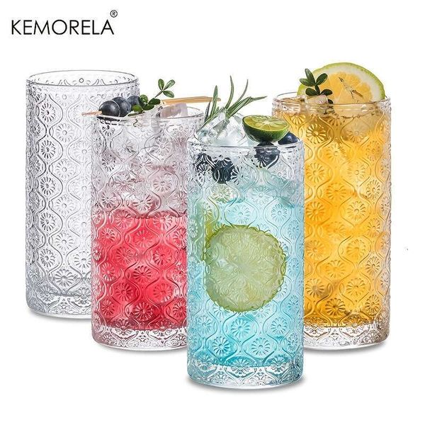 4PCS 400ML Round Glass Cups Vintage Glassware Emed Pattern Style Transparent tail Glasses Set For Bar Beverages Coffee