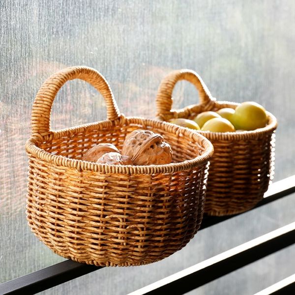 Storage Baskets Handwoven Kitchen Basket With Handle Woven Hanging Handmade Wicker For Fruit Sundries Organizer Home Decor 230510