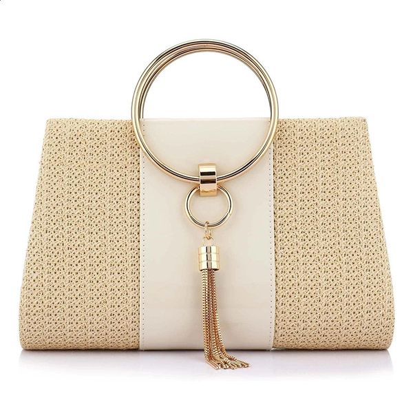 Straw Zinc Alloy Tassels Handbag For Women Wedding Party Clutch Bags With Chain Circular Ring Bolsa Feminina Purse Evening 240925