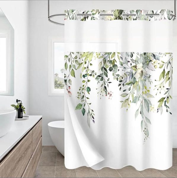 Polyester printed large ring shower curtain splicing plant green leaf cloth washable waterproof fabric