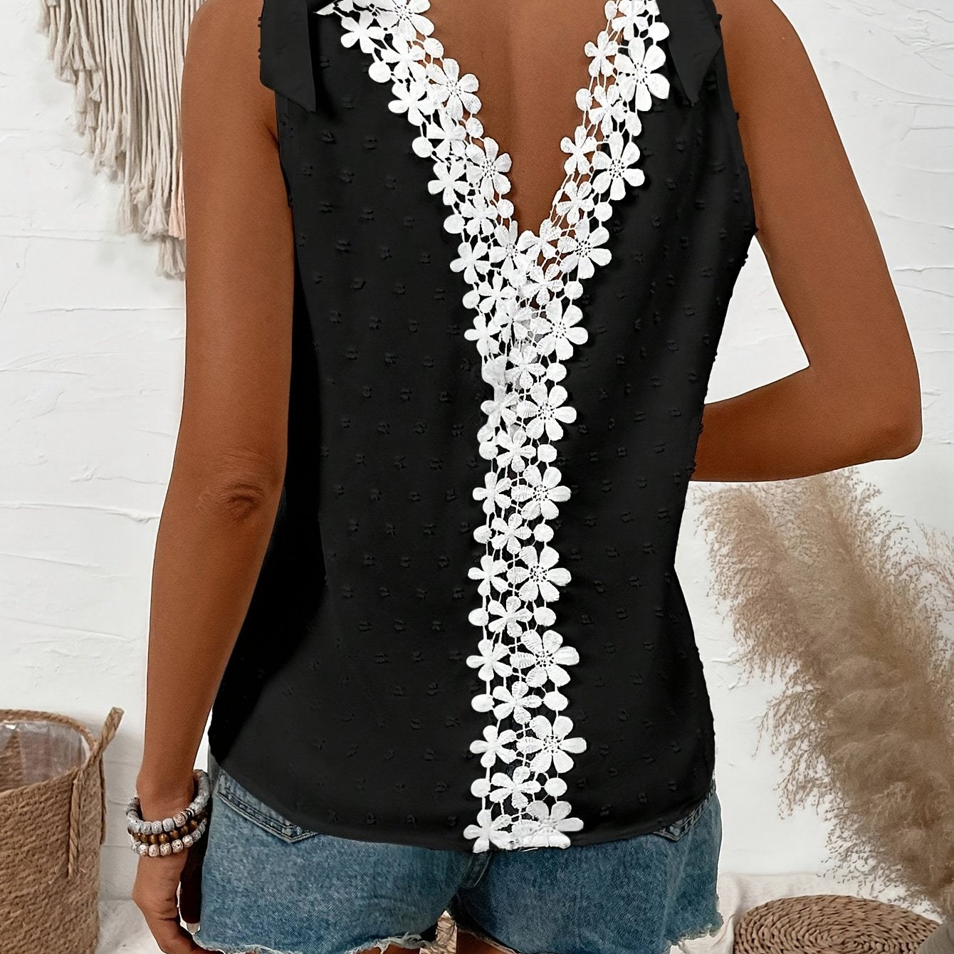 TEMU Women's Floral Embroidered Sleeveless Top - Elegant V-neck, Black With White , Spring-summer , Casual Attire| Top|decorative Top