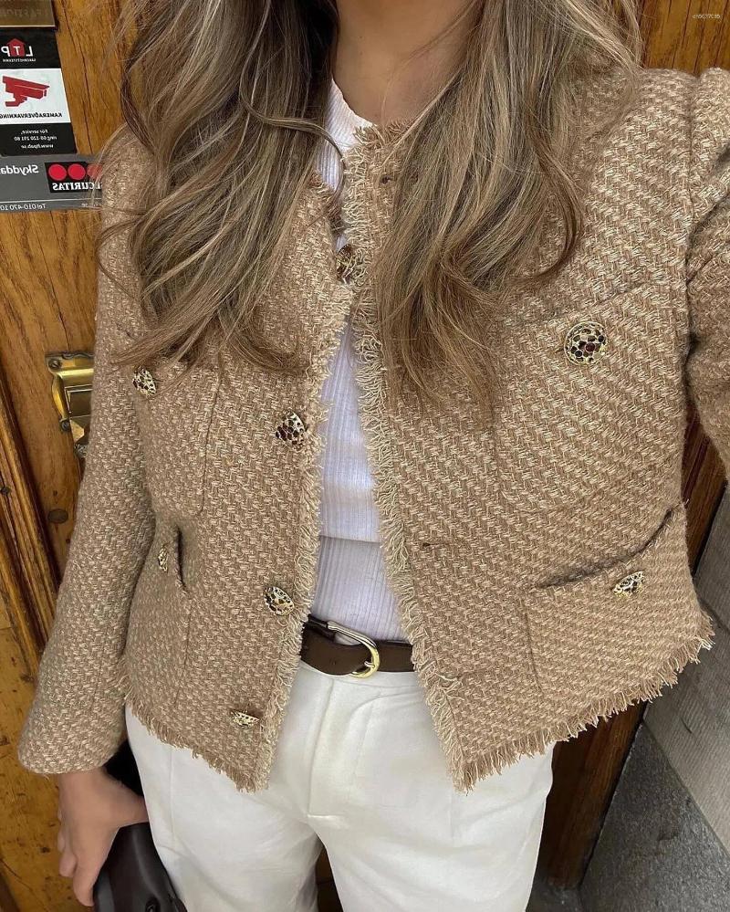 Women&#039;s Blouses Chic Female Tweed Basic Jacket Coat Women Clothing Woolen Outerwear Long Sleeve Front Button Tops