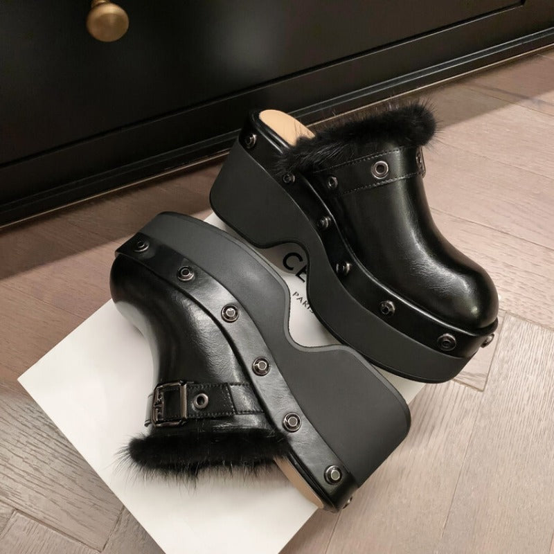 Style Punk Cowhide Rivet Metal Buckle Decorative Slippers 2023 New Women&#039;s Fashion Waterproof Platform 8cm Thick Heel Sandals 487e