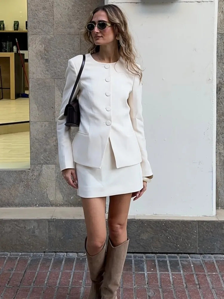 Five Button Coat Jacket Short Skirt Set Round Neck Pocket Commuting Slim Fit Elegant Women Overcoat Half Skirts Formal Attire 250220