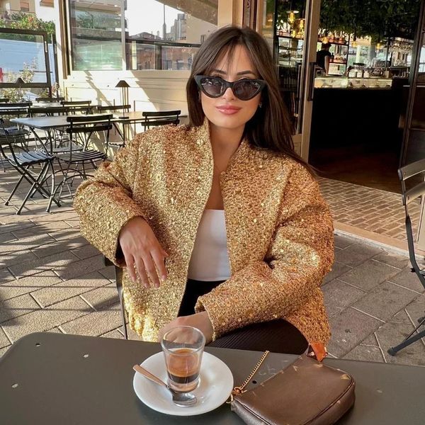 Suninheart Womens Sequined Bomber Jacket Fall O Neck Long Sleeve Pocket Stretch Hem Sequins Jacket Coat Female Chic Outerwear 241224