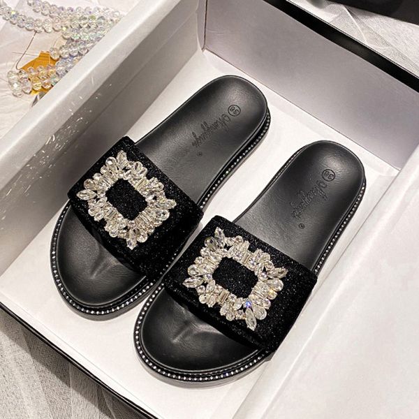 Big Size 34-43 Crystal Buckle Slippers Woman Glitter Cloth Slides Outside&Home Casual Flipflops Lady Slip On Flat Sandals Femme